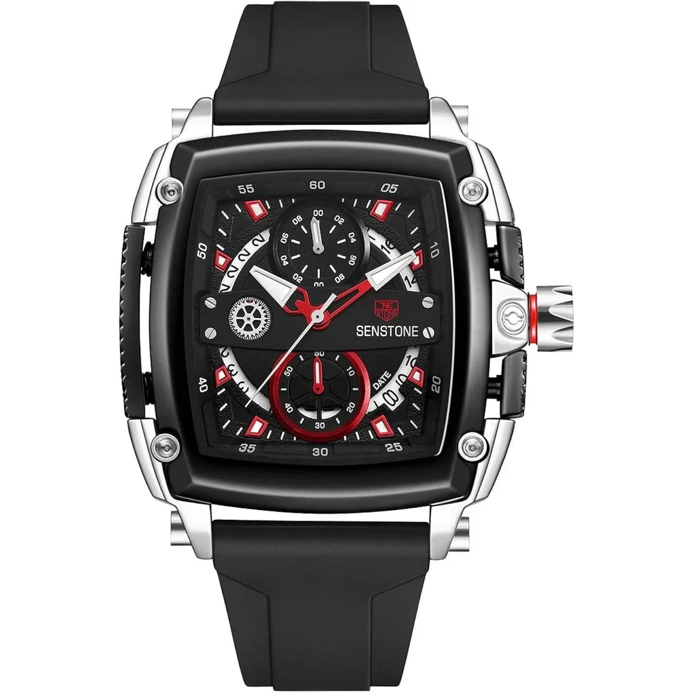 Senstone Mens Watch Black Square Chronograph Sports Silicone Strap X0045GCRD9
